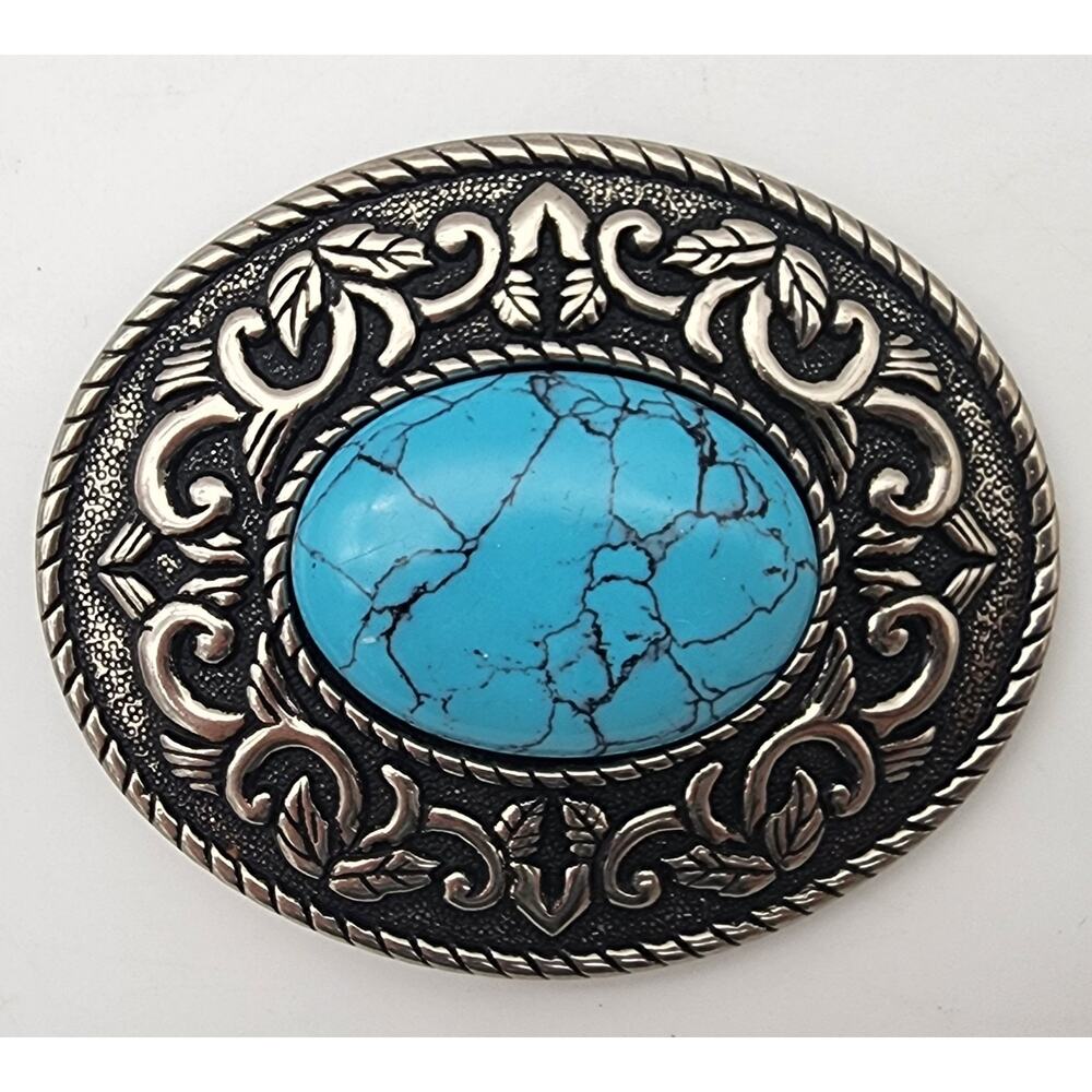 Vintage Belt Buckle Cabachon Silver Tone Buckle Turquoise Spiderweb Stone 3 1/2"